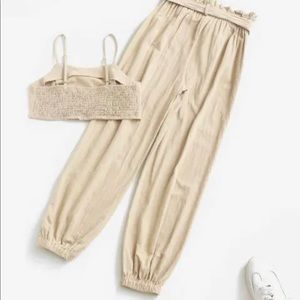 Zaful Smocked Back Cropped Belted Jogger Paperbag pants set